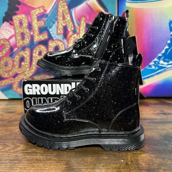 Ground up Toddler Lace-Up side zipper Black shiny glitter Boots - Picture 1 of 10
